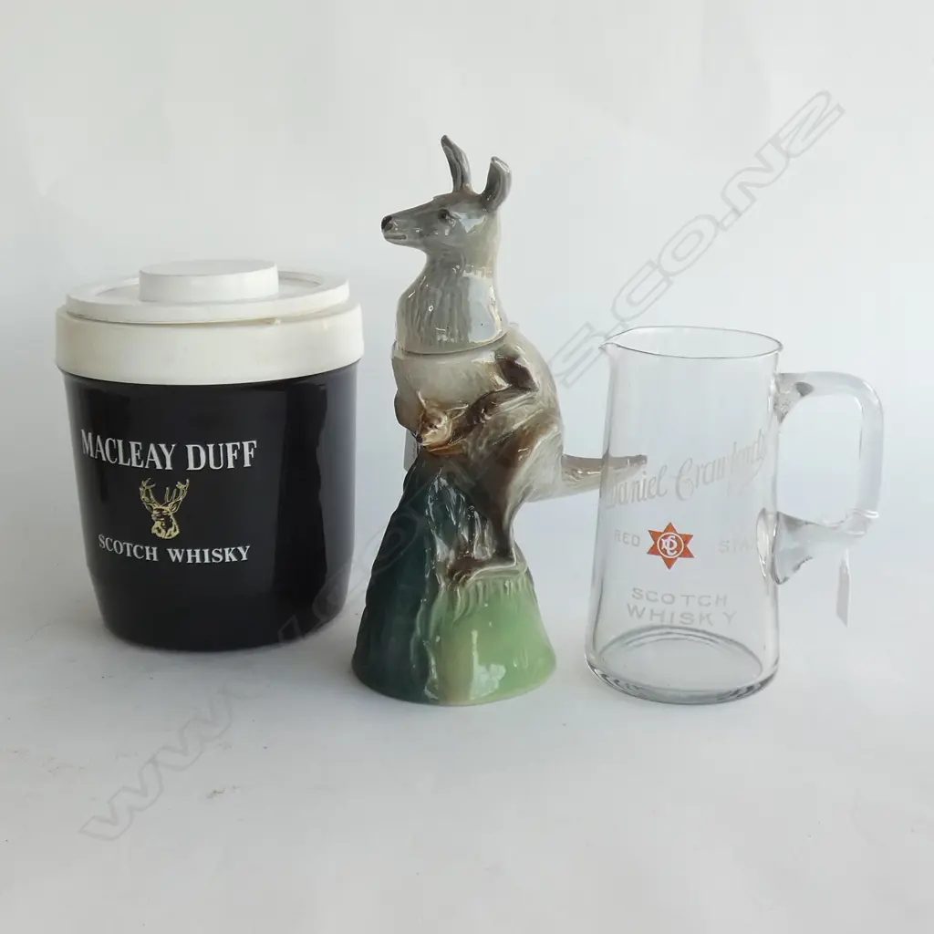 3 WHISKY ITEMS; LG MACLEAY DUFF ICE BUCKET / GLASS JUG & JIM BEAM KANGAROO DECANTER Image 1++