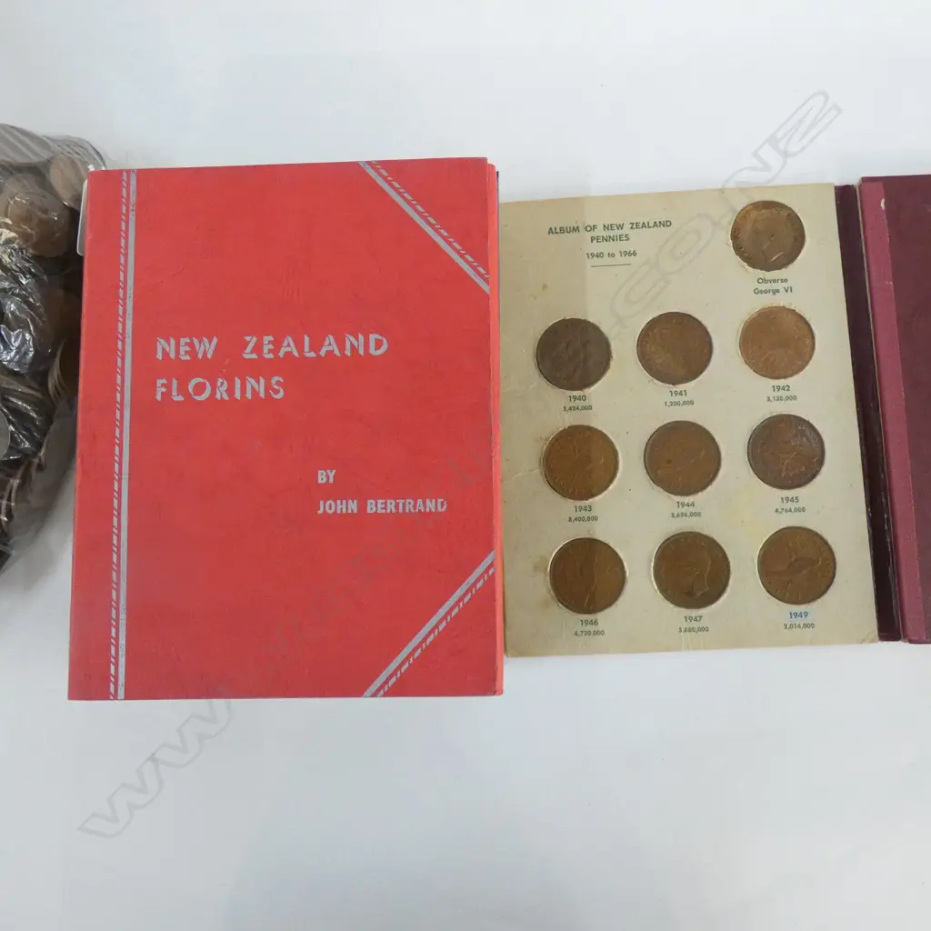 8 NZ COIN ALBUMS + BAG OF PENNIES & HALF PENNIES Image 1++