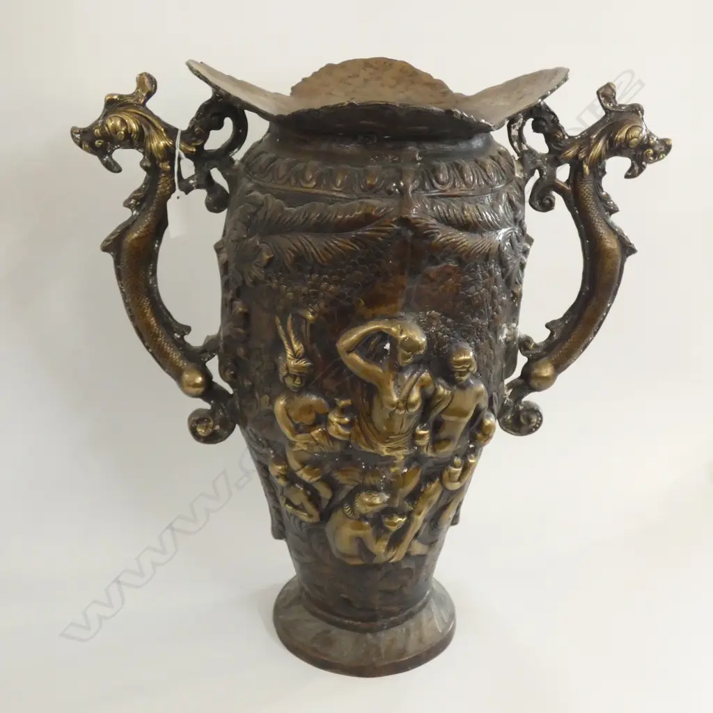 LG HEAVY BRASS MOULDED RELIEF FLOOR VASE - DRAGON HANDLES H. 510MM Image 1++