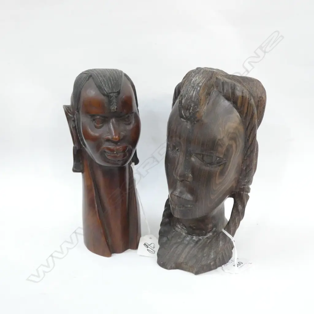 2 AFRICAN HARDWOOD CARVED BUSTS Image 1++