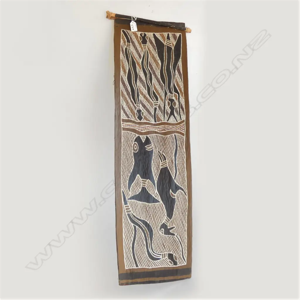 AUSTRALIAN ABORIGINAL BARK PAINTING, SIGNED BALAMBI, DATED 1975. 920 x 265mm Image 1++