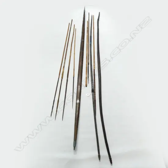 3 PNG PALMWOOD BOWS & 7 ARROWS. LONGEST 1975mm