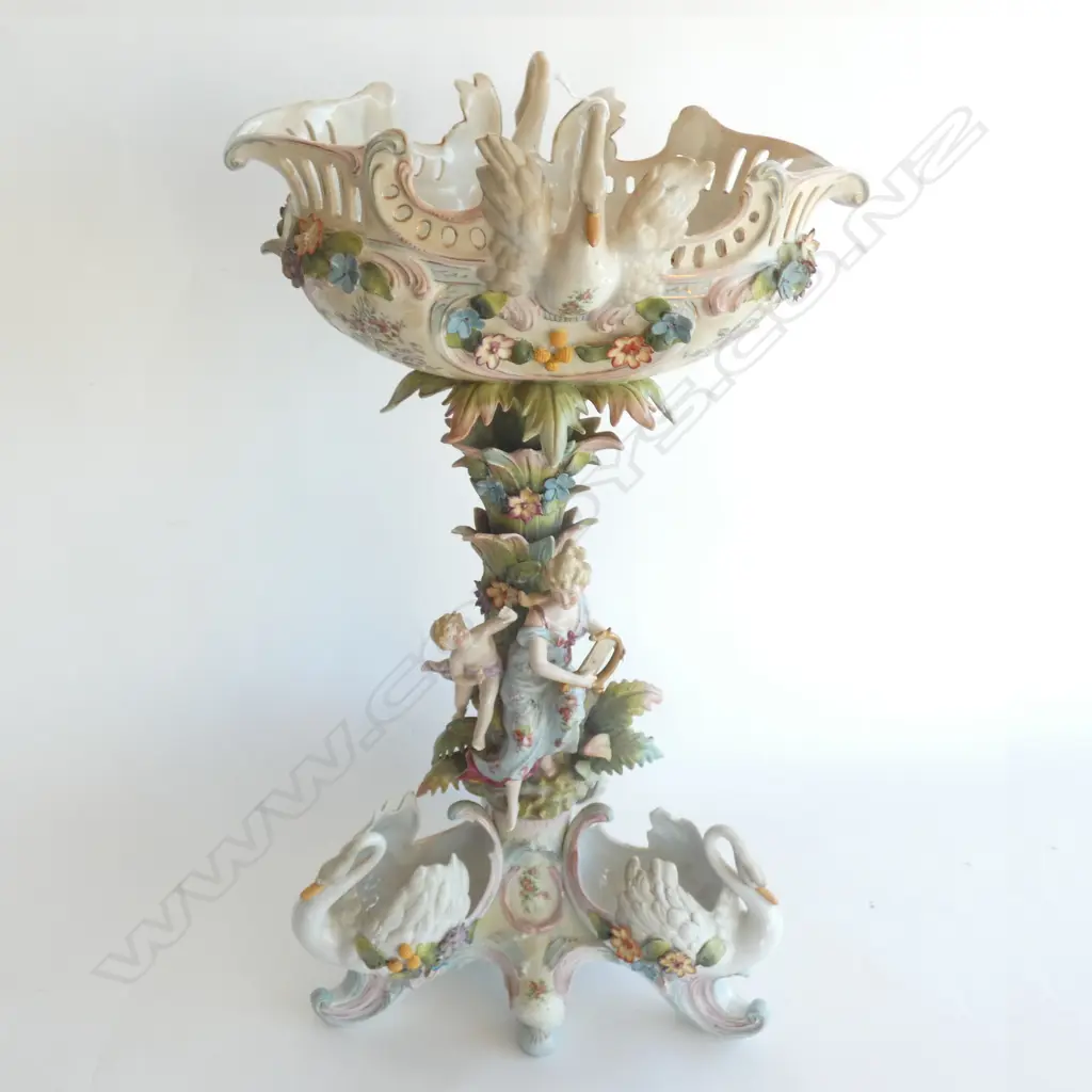 LG ROCOCO STYLE CENTRE PIECE W SWANS, LADY & CHERUB - ATTACHED BOWL ON TOP H. 555MM (see long description) Image 1++