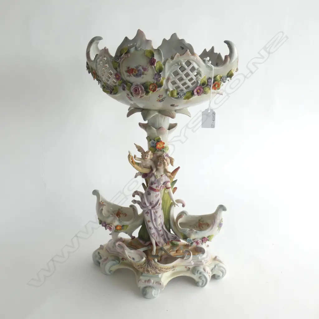 DRESDEN STYLE LATTICE CENTREPIECE BOWL ON ORNATE TALL PEDESTAL WITH LADY, CHERUB & SHELLS H. 525MM see long description Image 1++