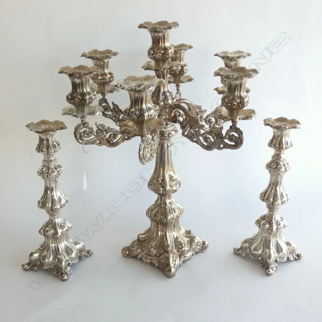VINTAGE SILVER PLATE CANDLE SET; PR CANDLESTICKS H 335 & 7 ARM CANDELABRA DIA 410 H 525MM Image 1++