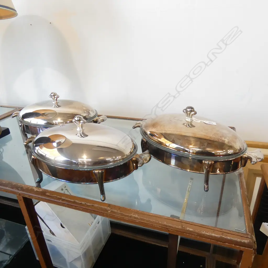 3 LG  SILVER PLATE SERVING DISHES W GLASS INSERTS - FLEUR DE LIS HANDLES L 430MM Ex Sultan of Brunei  Image 1++