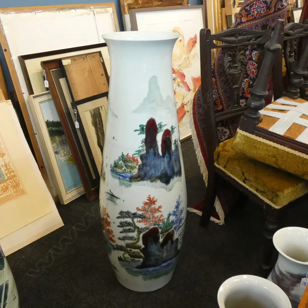 FLOOR STANDING CHINESE CERAMIC PORCELAIN VASE MOUNTAINS & LANDSCAPES H. 950MM Image 1++