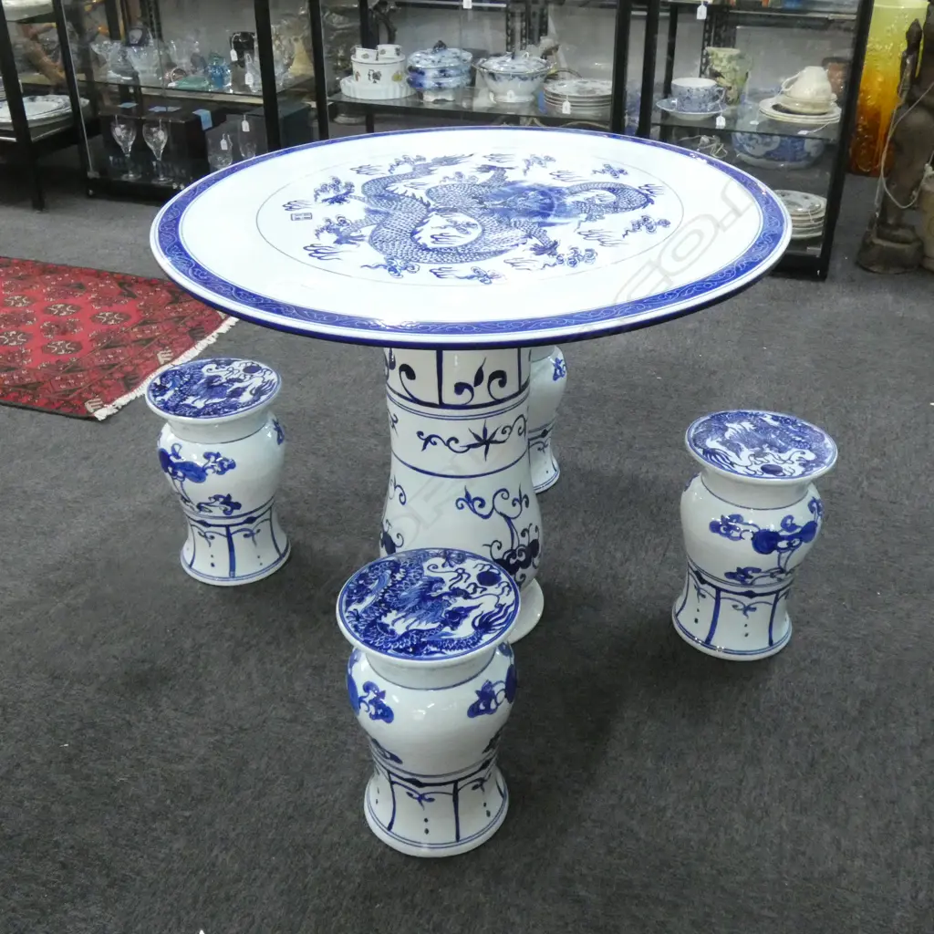 CHINESE CERAMIC ROUND TABLE & 4 STOOL SET B&W Image 1++