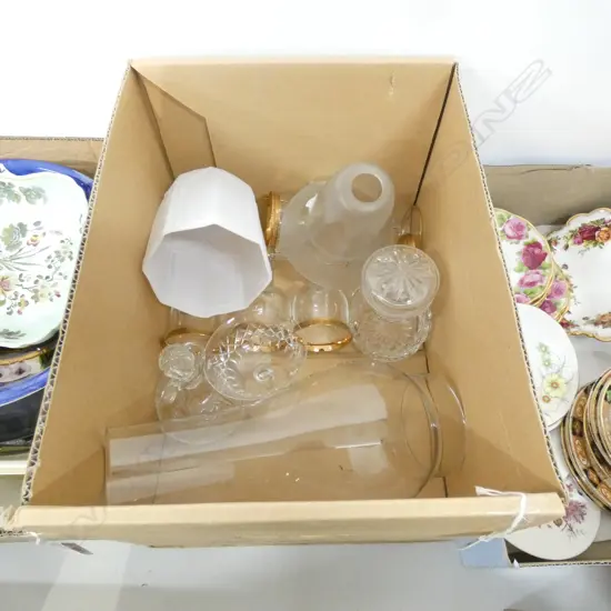 BOX ASST GLASS WARE - GOLD RIMMED WINE GLASSES /LAMP SHADE/ DISHES ETC..