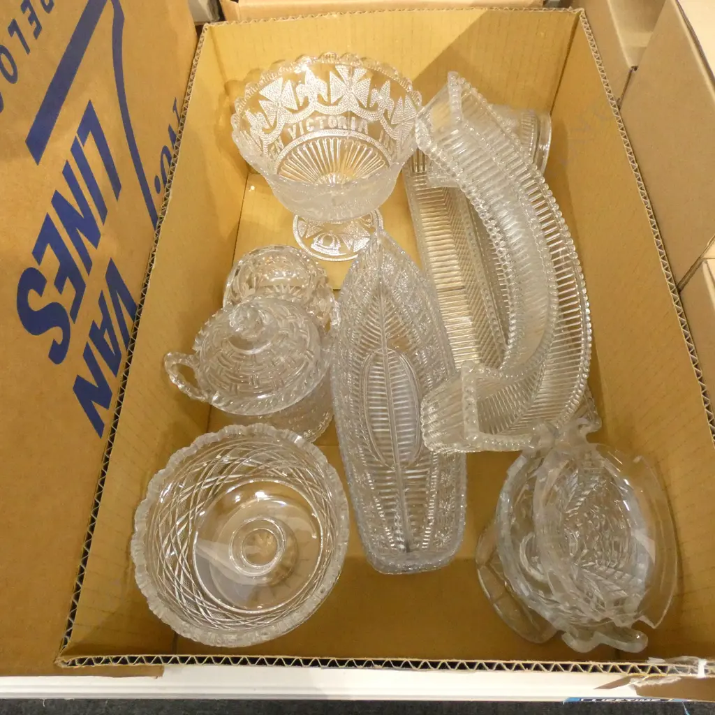 BOX LOT ASST ANTIQUE GLASS; BOWLS / COMPORT/ TROUGH VASES ETC.. Image 1++