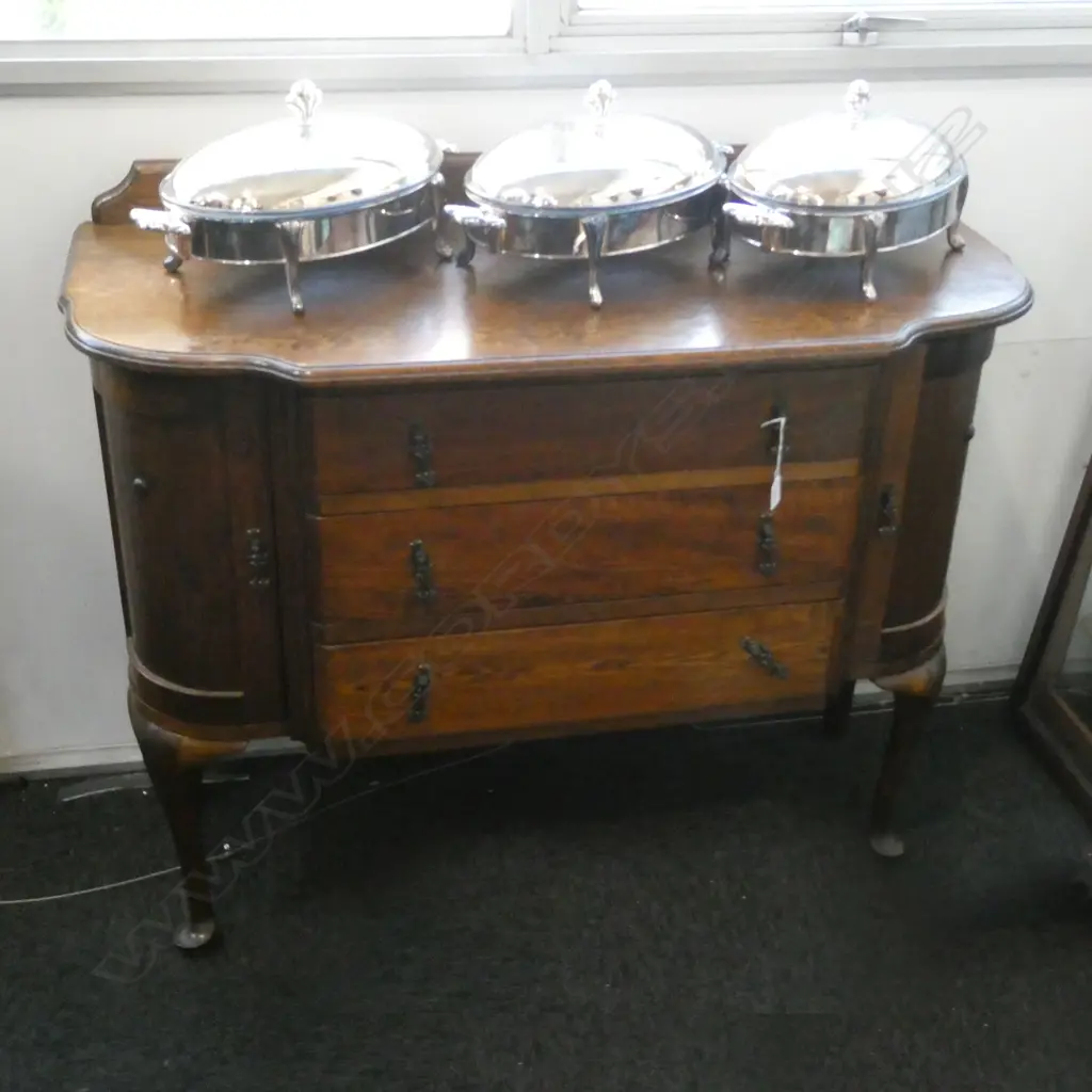 1930s OAK THREE DRAWER CHEST BOW SIDE CUPBOARDS W,1080mm Image 1++