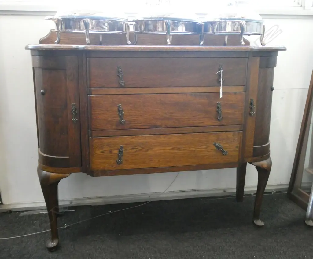 1930s OAK THREE DRAWER CHEST BOW SIDE CUPBOARDS W,1080mm Image 1++
