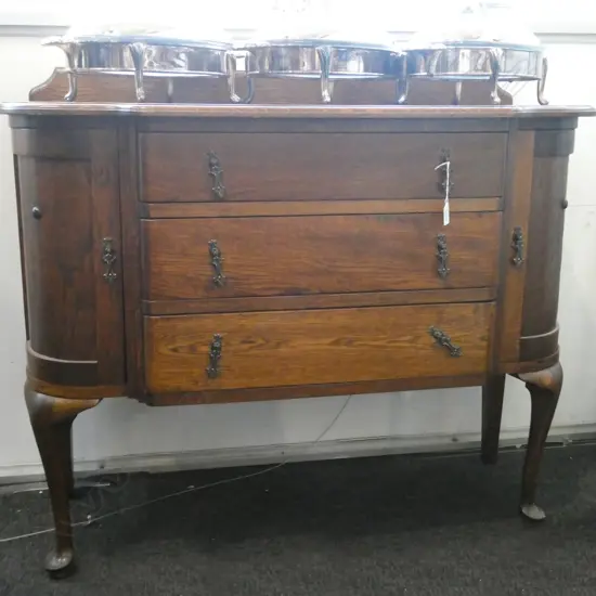 1930s OAK THREE DRAWER CHEST BOW SIDE CUPBOARDS W,1080mm