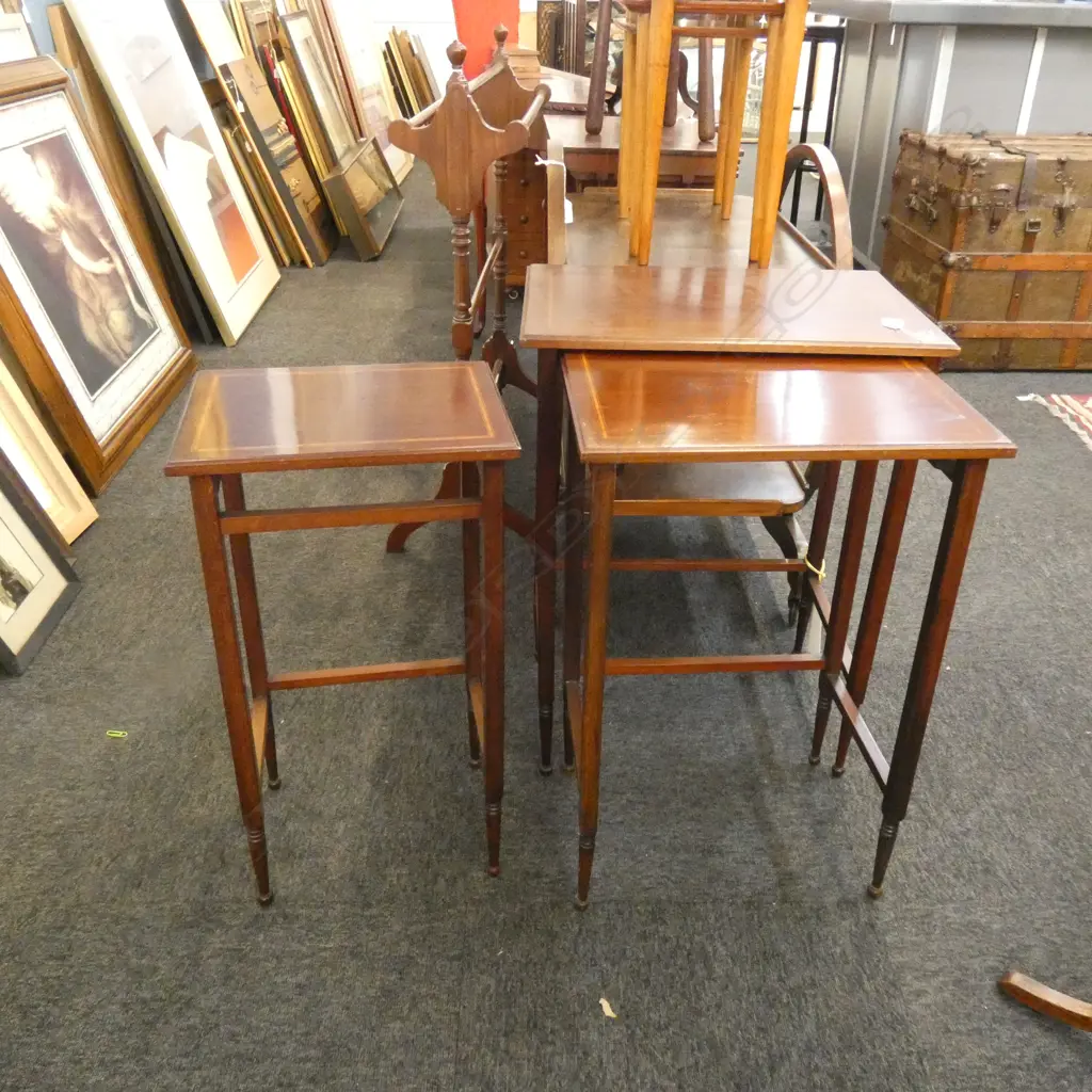 MAHOGANY NEST OF 3 TABLES - LARGEST 485 X 320 X 650MM (LG TABLE HAS WEAR TO TOP) Image 1++