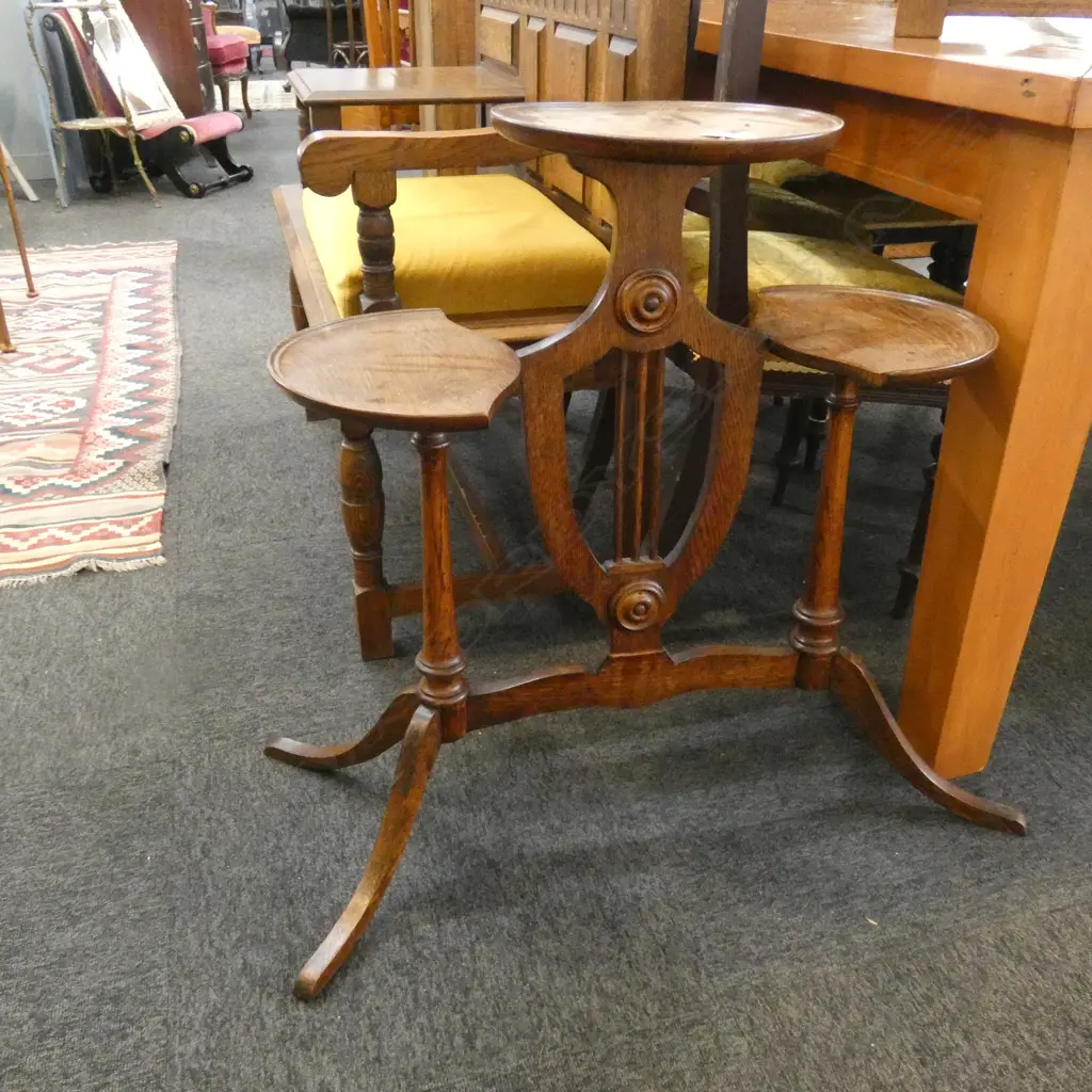 EDWARDIAN OAK SHIELD SHAPED 3 TIERED STAND H. 740MM  Image 1++