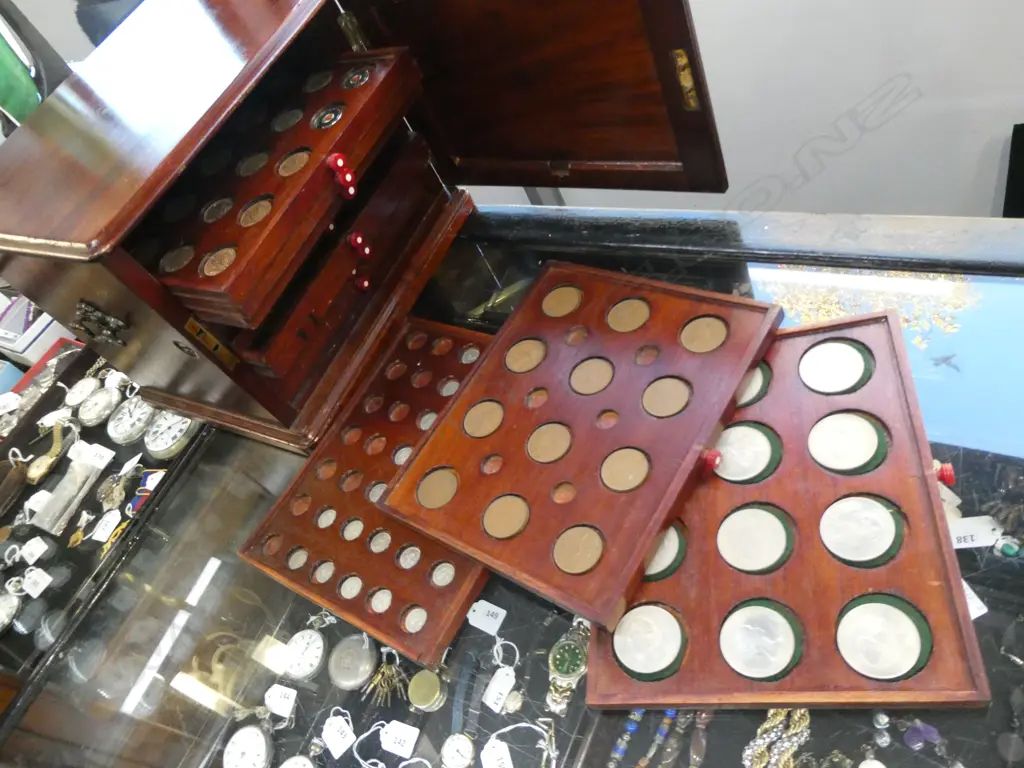 COIN COLLECTORS CABINET (INCL. ASSORTED COINS), NO KEY, 310 X 250 X 250M Image 1++