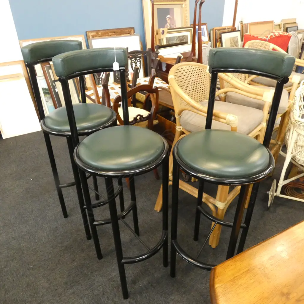 3 TALL GREEN LEATHER & BLACK WOOD STOOLS WITH BACKS H  Ex Sultan of Brunei Image 1++
