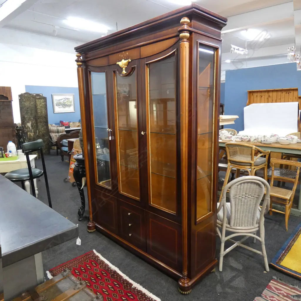 LG MAHOGANY DISPLAY CABINET;  INLAID & GOLD GILDED DECTORATIVE ACCENTS W 1500 H. 2200MM   Ex Sultan of Brunei  Image 1++