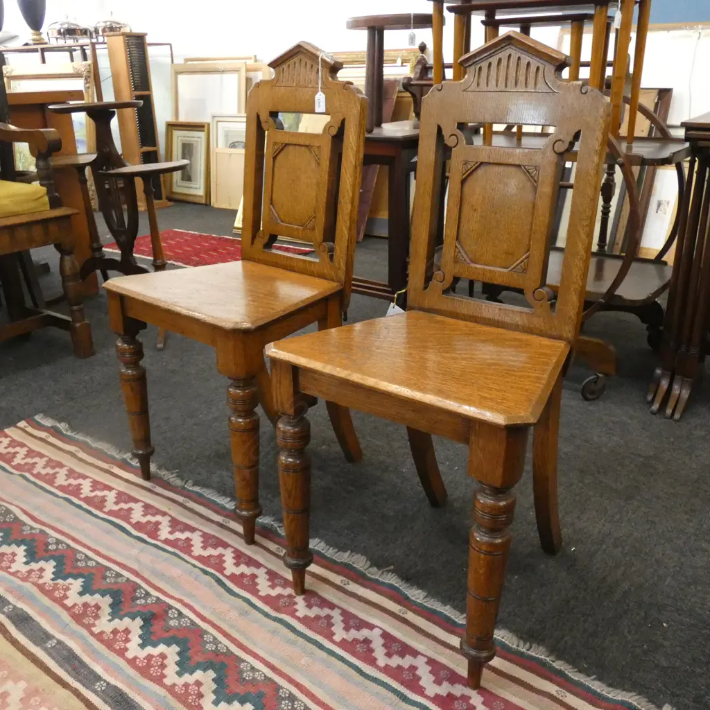 PR 19TH C OAK HALL CHAIRS W PANEL BACKS  Image 1++
