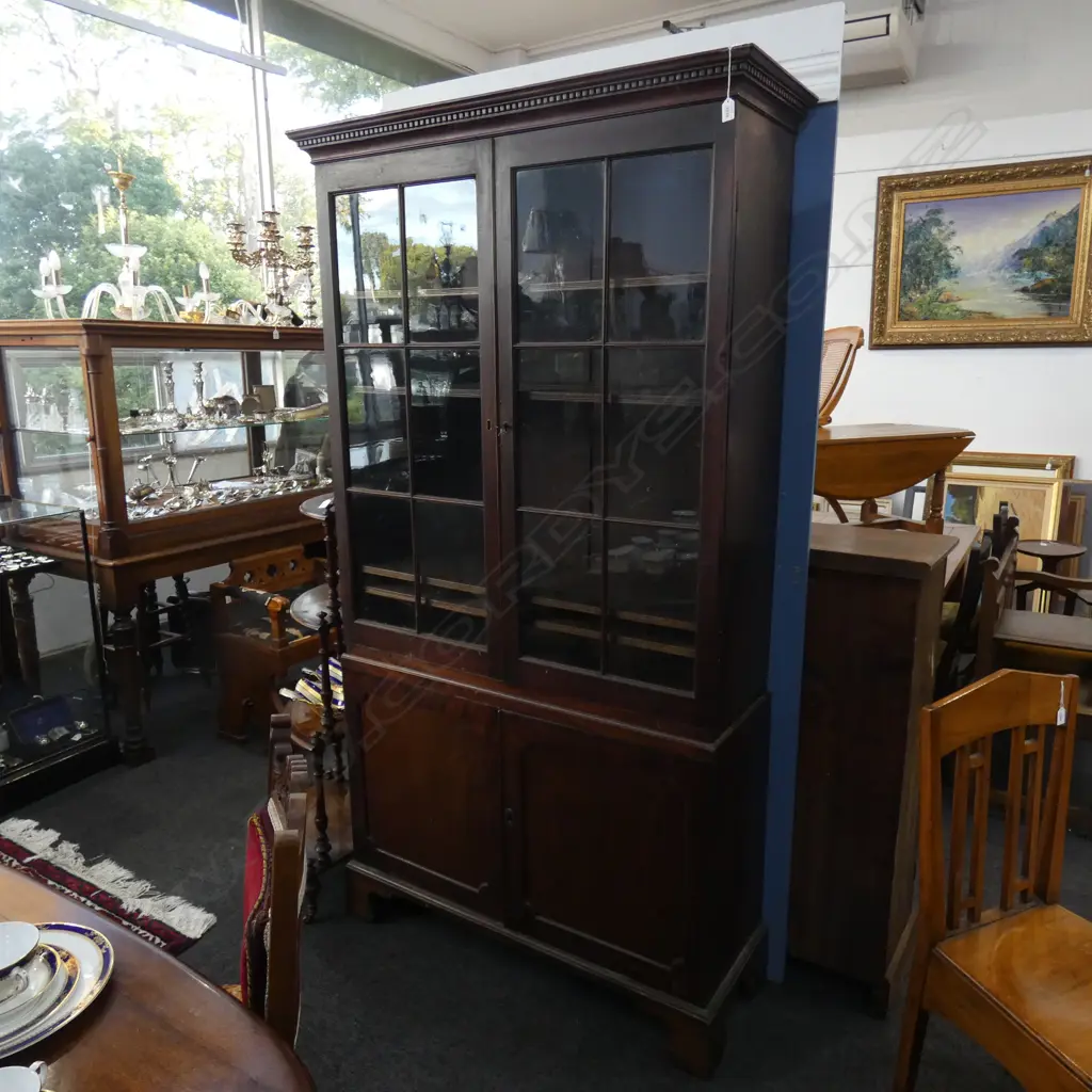 MAHOGANY GEORGE 111 2PC GLASS FRONTED BOOK CASE  W KEYL  1140 X H 2100MM Image 1++