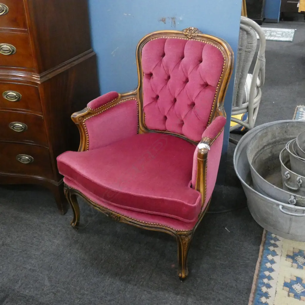 VICTORIAN RED VELVET BUTTON BACK ARMCHAIR   Image 1++