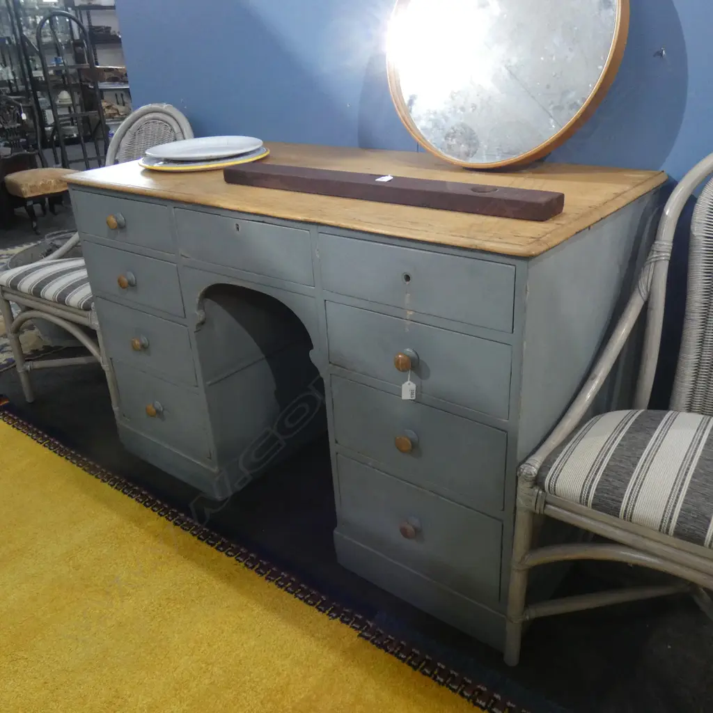 ANTIQUE ENGLISH PAINTED PINE DESK; NATURAL TOP  9-DRAWER DESK - PAINTED & NATURAL WOOD 1300 X 630MM Image 1++