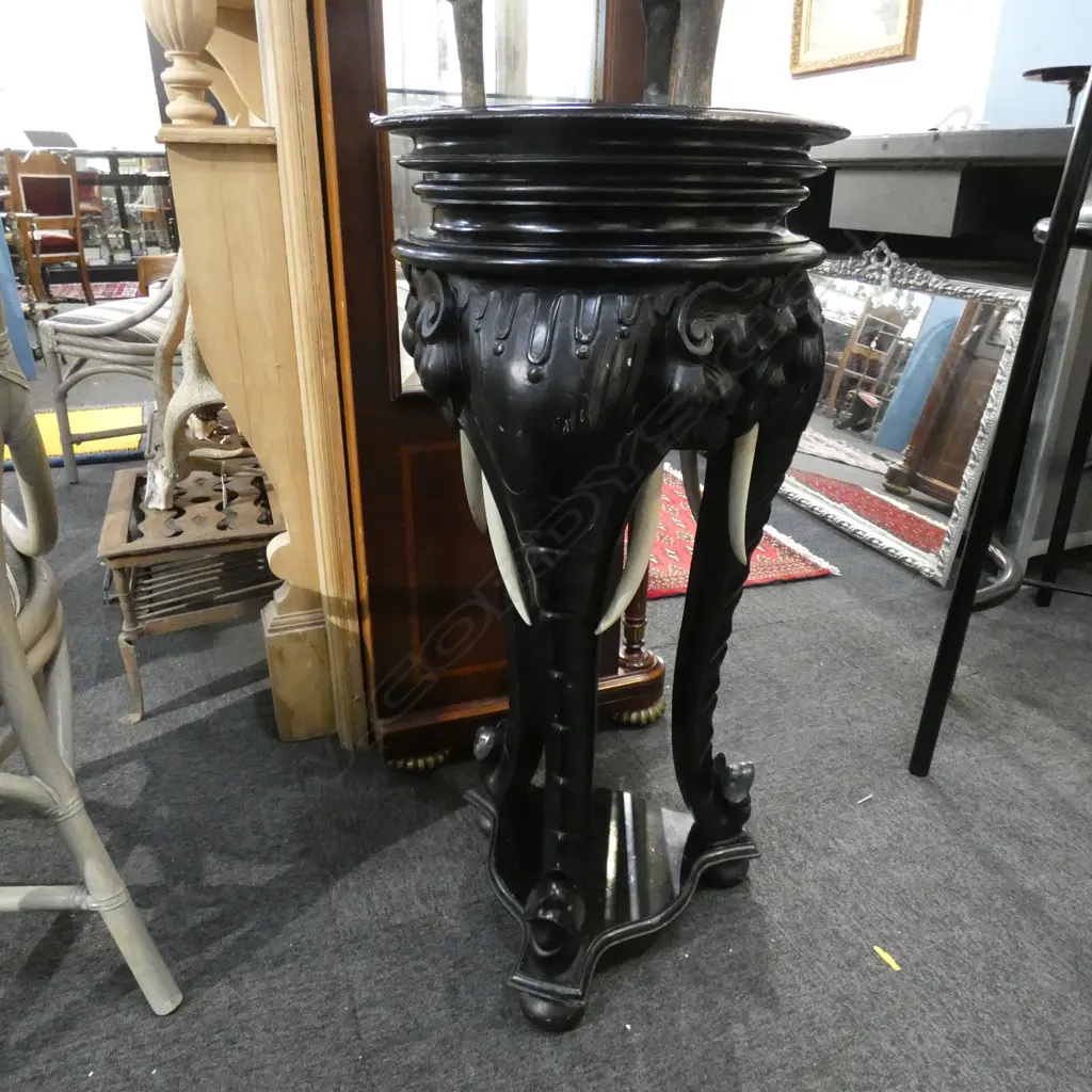 BLACK EBONIZED ELEPHANT CARVED JARDINIER STAND Image 1++