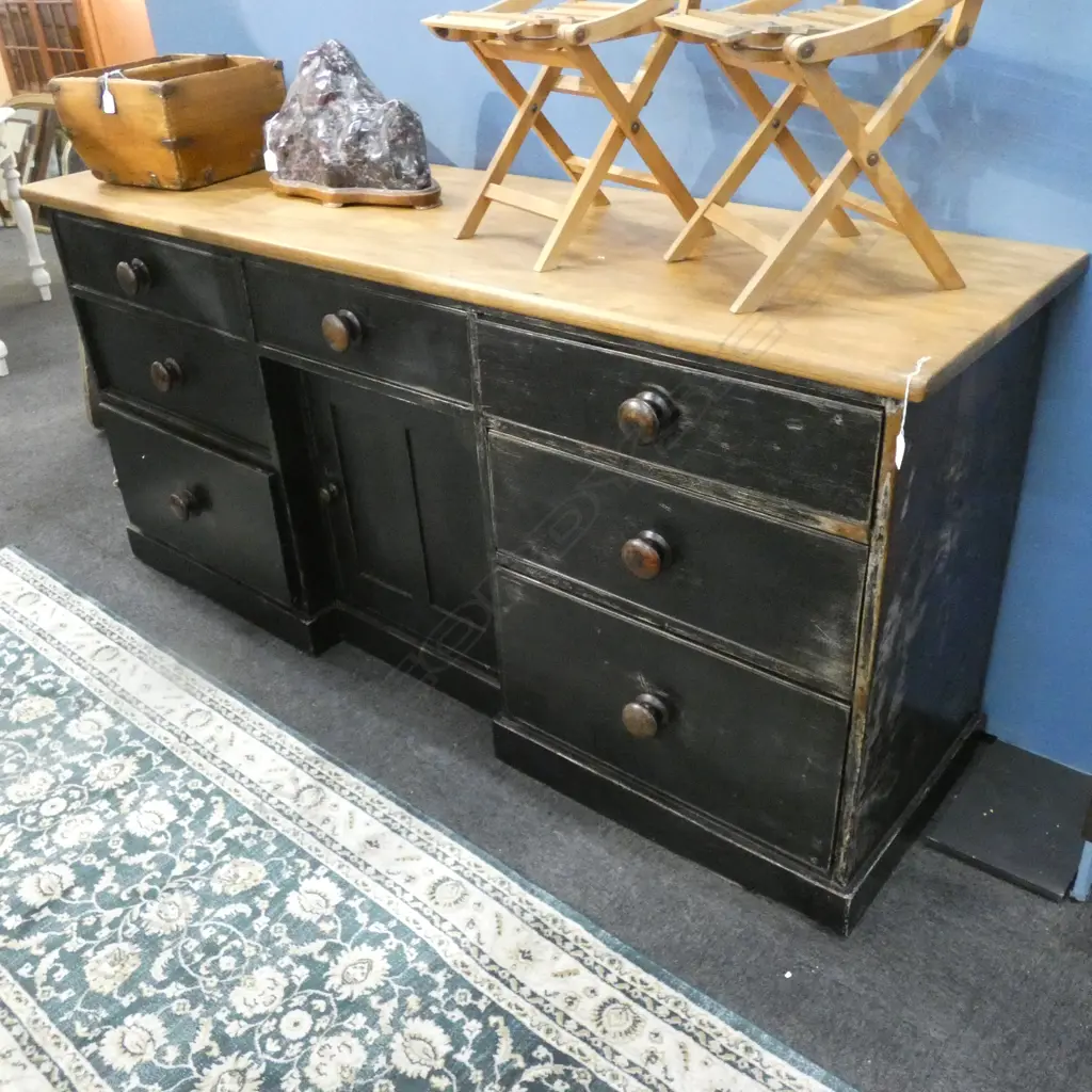 VICTORIAN LG DARK WOOD DRESSER BASE W SYCAMORE TOP - 7 DRAWS & 1 CUPBOARD - 1890 X 550MM Image 1++