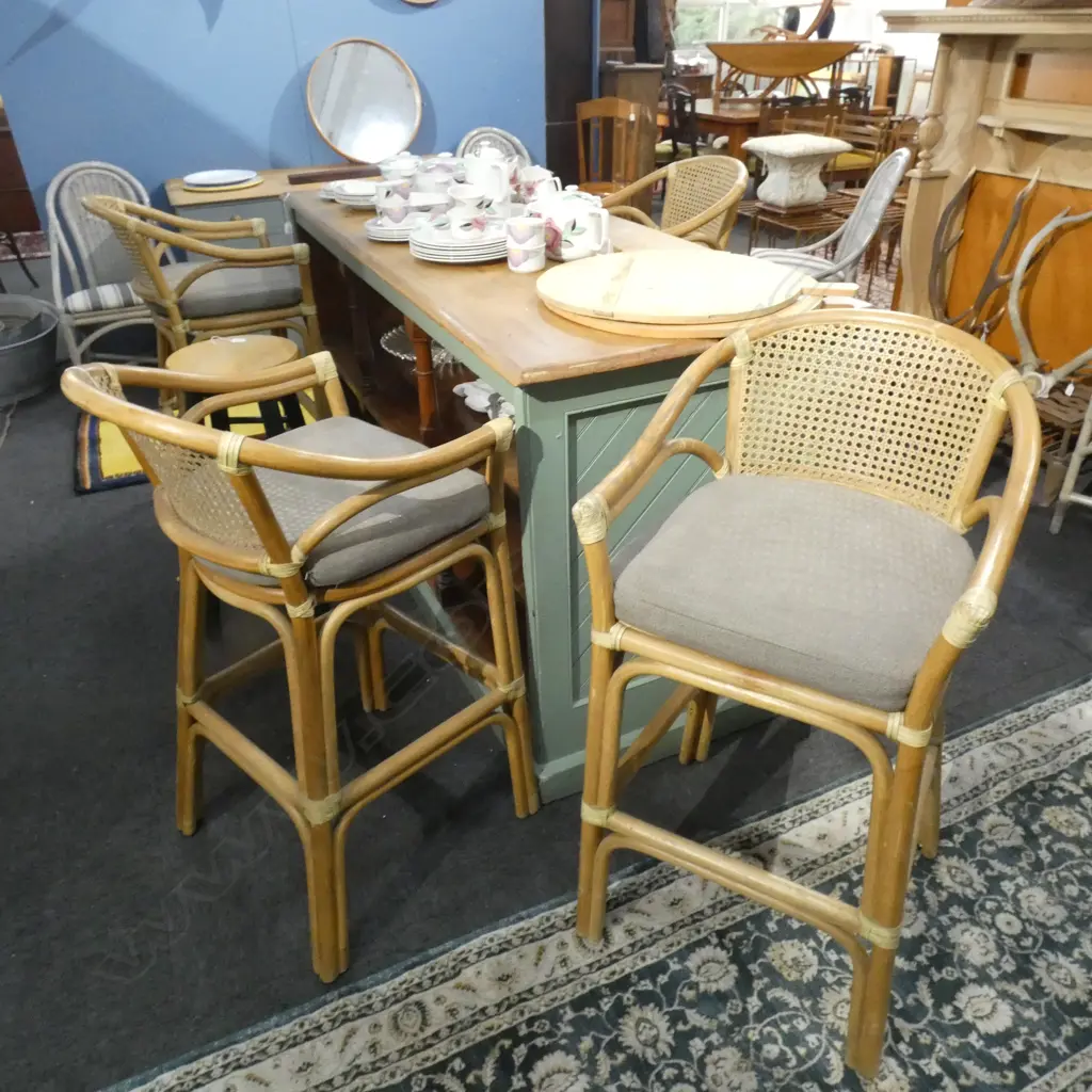 4 CANE & RATTAN LG STOOLS W BACKS - MATERIAL CUSHIONS  Ex Sultan of Brunei Image 1++