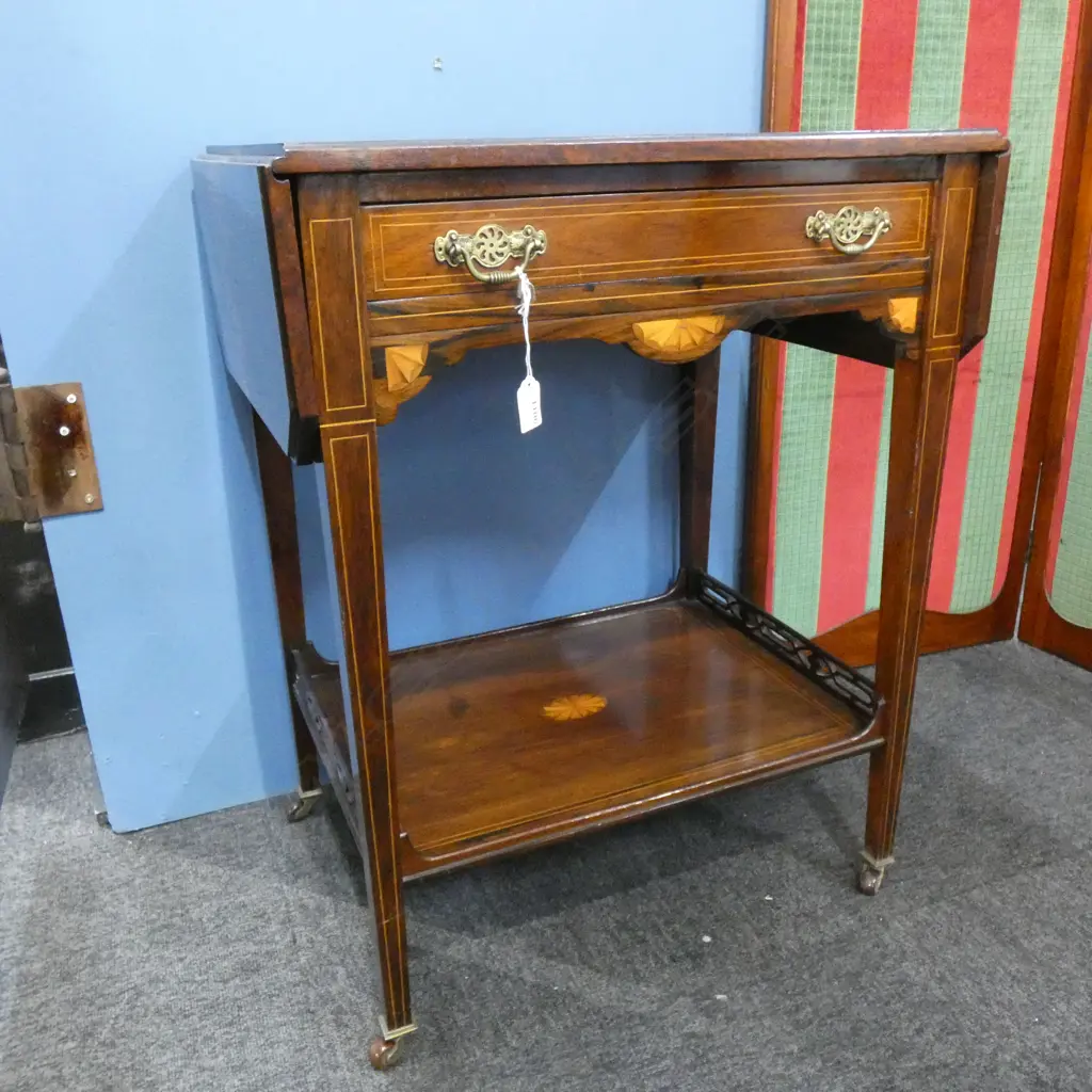 EDWARDIAN REVIVAL DROP LEAF 1-DRAWER TEA TROLLEY EXTENDED   910 X 420MM Image 1++