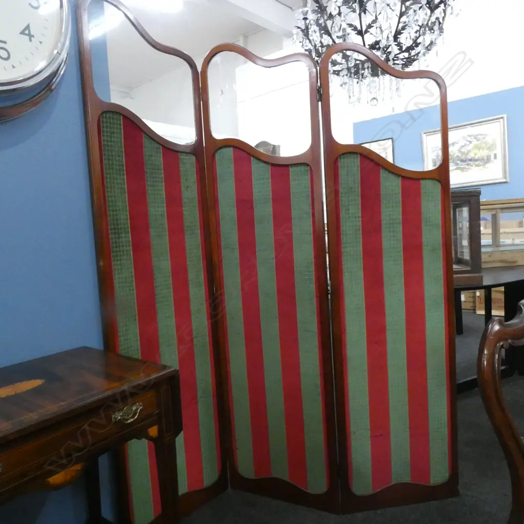 EDWARDIAN  MAHOGANY FRAMED 3 PANEL ROOM DIVIDER - GLASS TOP / GREEN / RED STRIPED FRONT H 1755 W 1300MM Image 1++