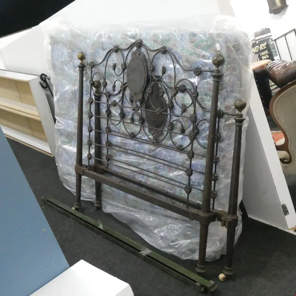 CAST IRON & BRASS BED HEAD & END W 1360MM + mattress and base Image 1++