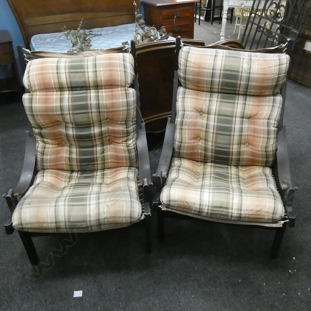PR MID CENTURY BACKHOUSE HUNTER BROWN CANVAS, LEATHER & WOOD LOUNGE CHAIRS Image 1++