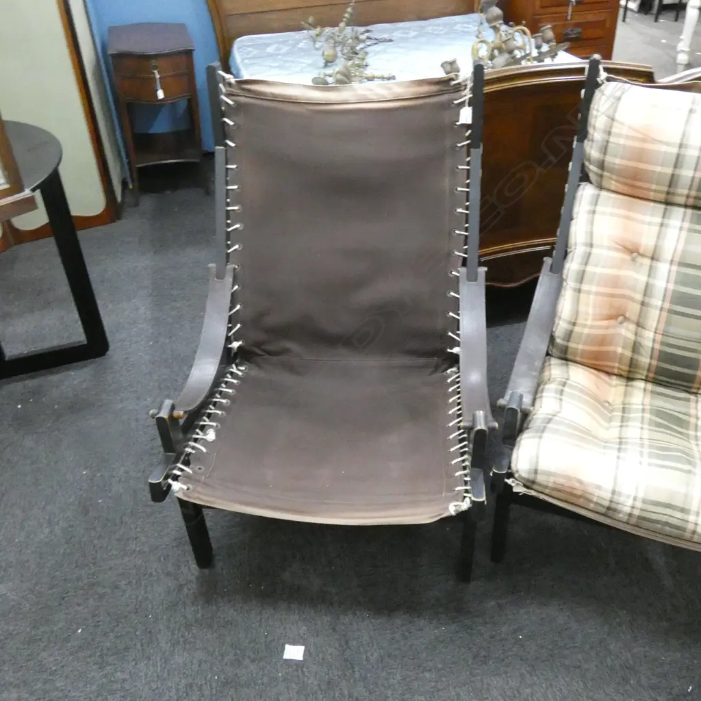 PR MID CENTURY BACKHOUSE HUNTER BROWN CANVAS, LEATHER & WOOD LOUNGE CHAIRS Image 1++