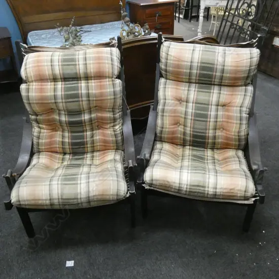 PR MID CENTURY BACKHOUSE HUNTER BROWN CANVAS, LEATHER & WOOD LOUNGE CHAIRS