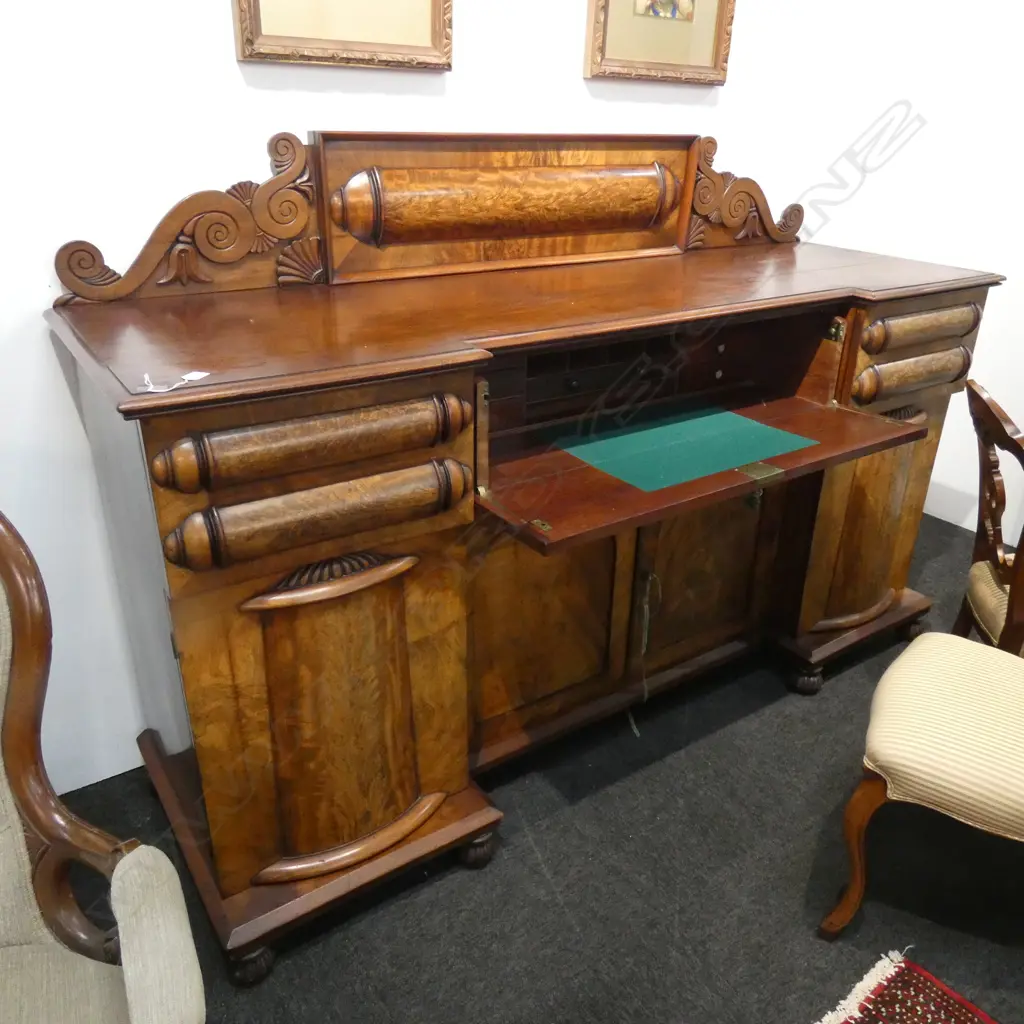 WILLIAM IV FLAME MAHOGANY SECRETAIRE SIDE BOARD (crack to top) 1970 x 610 x 1310mm Image 1++