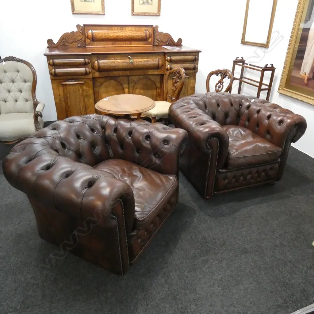 PR BROWN LEATHER BUTTON CLUB BACK ARM CHAIRS  Image 1++