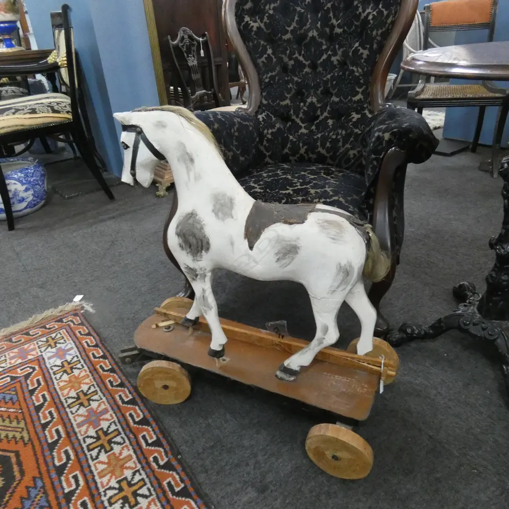 SM 19TH C FRENCH WOODEN CARVED PULLALONG HORSE ON WHEELS L 670 H 660MM Image 1++
