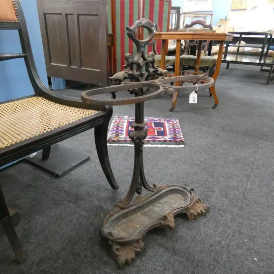 ANTIQUE COALBROOKDALE CAST IRON UMBRELLA & WALKING STICK STAND W DRIP TRAY H. 750 W 510MM
