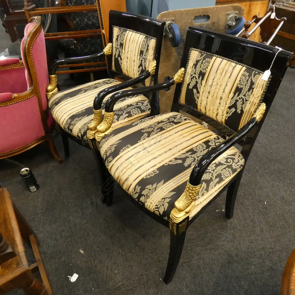 PR ORIENTAL GOLD GILDED & BLACK LACQUER CHAIRS - STRIPED MATERIAL BACKS & SEATS Image 1++