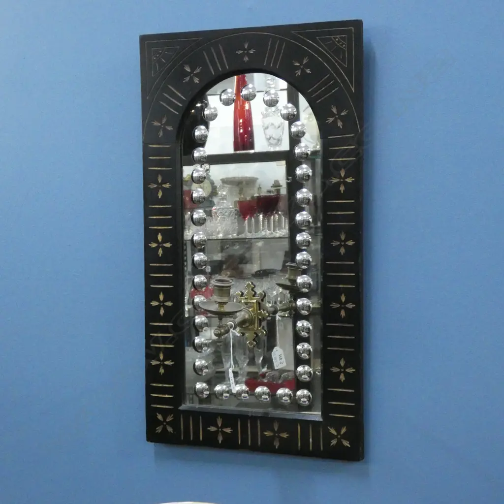 VICT EBONISED FRAMED ARCHED MIRROR W BRASS SCONCE Image 1++