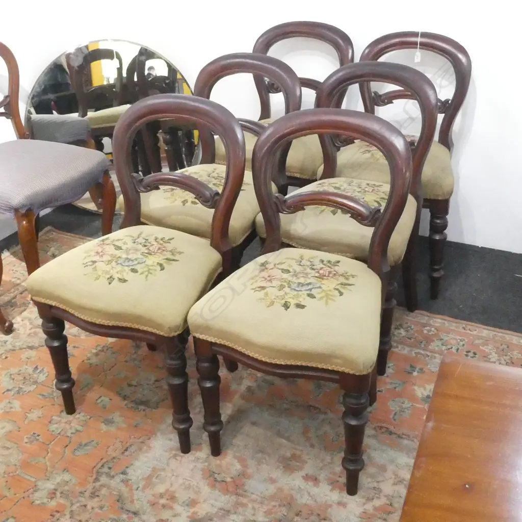 6  VICTORIAN BALLOON BACK DINING CHAIRS; TAPESTRY SEATS (one chair requires repair) Image 1++