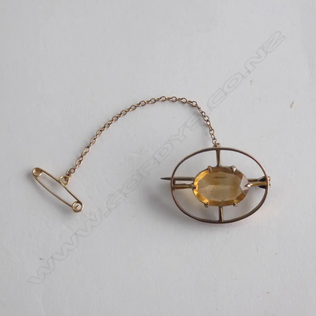 9CT YELLOW STONE BROOCH 25mm W. 3.35gms Image 1++
