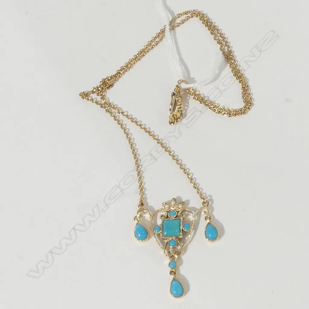 9CT GOLD TURQUOISE/SEED PEARL PENDANT AND 9CT GOLD CHAIN Image 1++