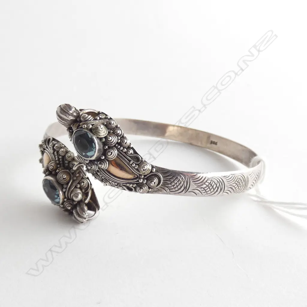 SILVER DOUBLE DRAGON HEADED BANGLE W AQUAMARINES? Image 1++