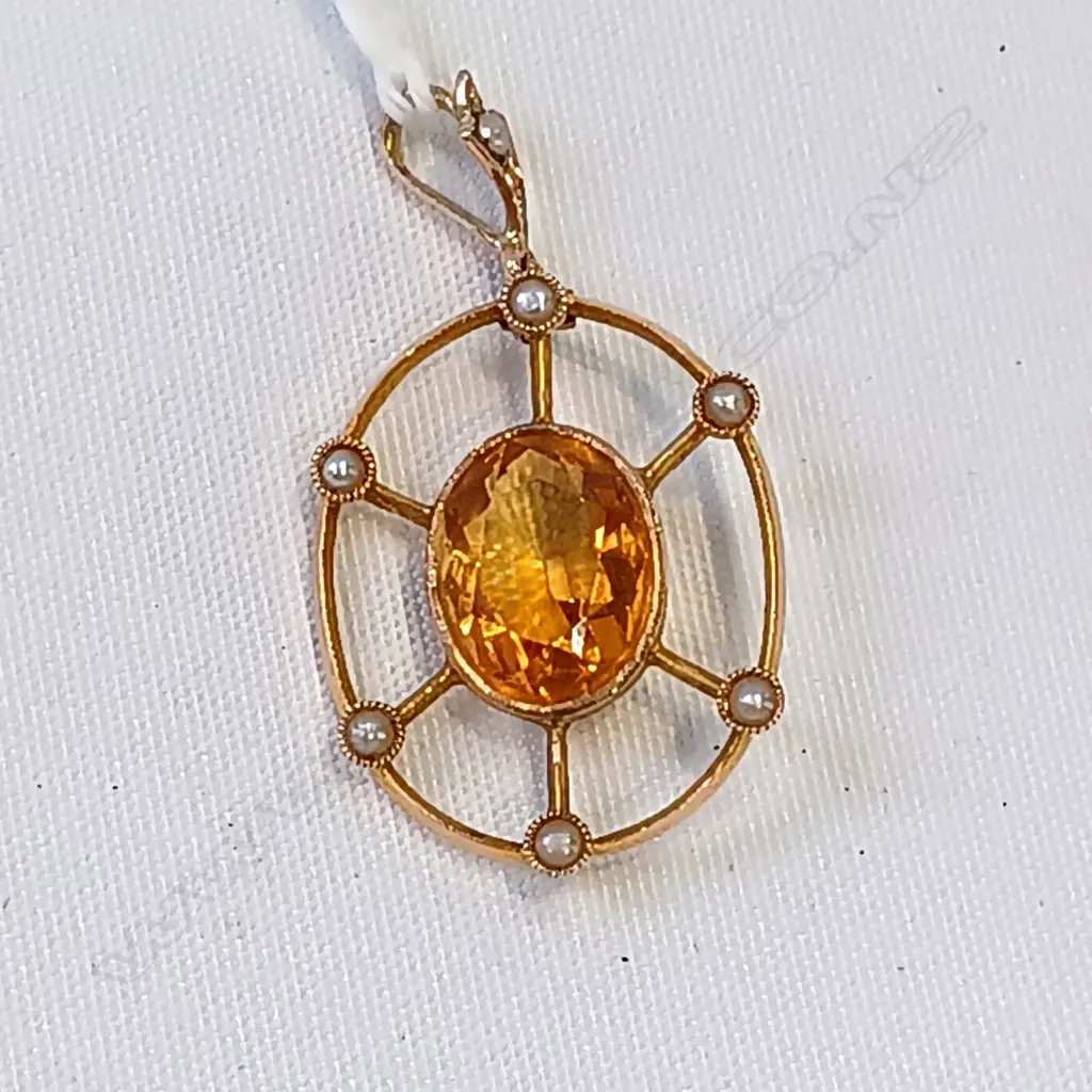 15CT GOLD CITRINE & SEED PEARL PENDANT Image 1++