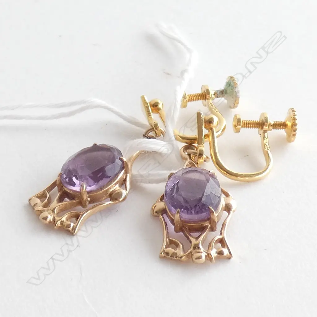 PR 9CT & AMETHYST DROP EARRINGS ROLD GOLD SCREW FITTINGS Image 1++