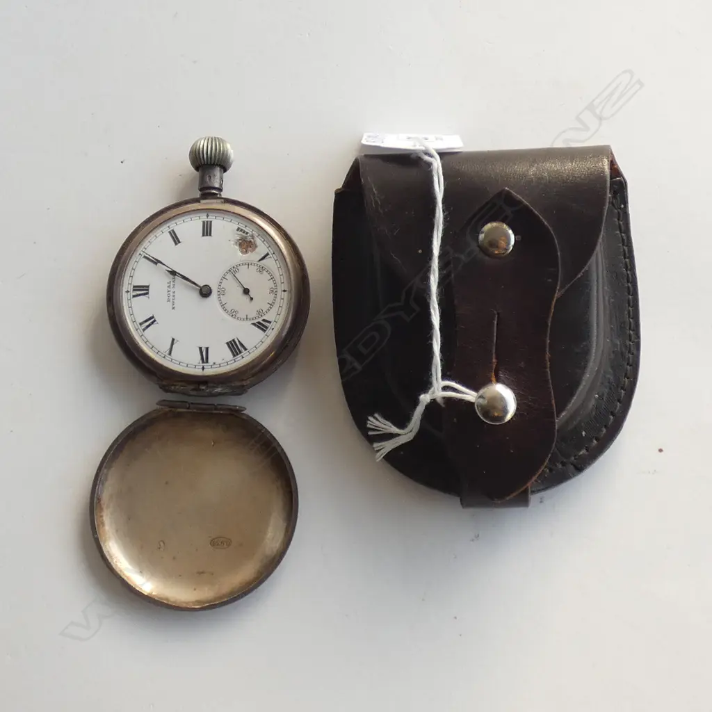 OLD STG SILVER CASED POCKET WATCH (A/F) W LEATHER POUCH   Image 1++