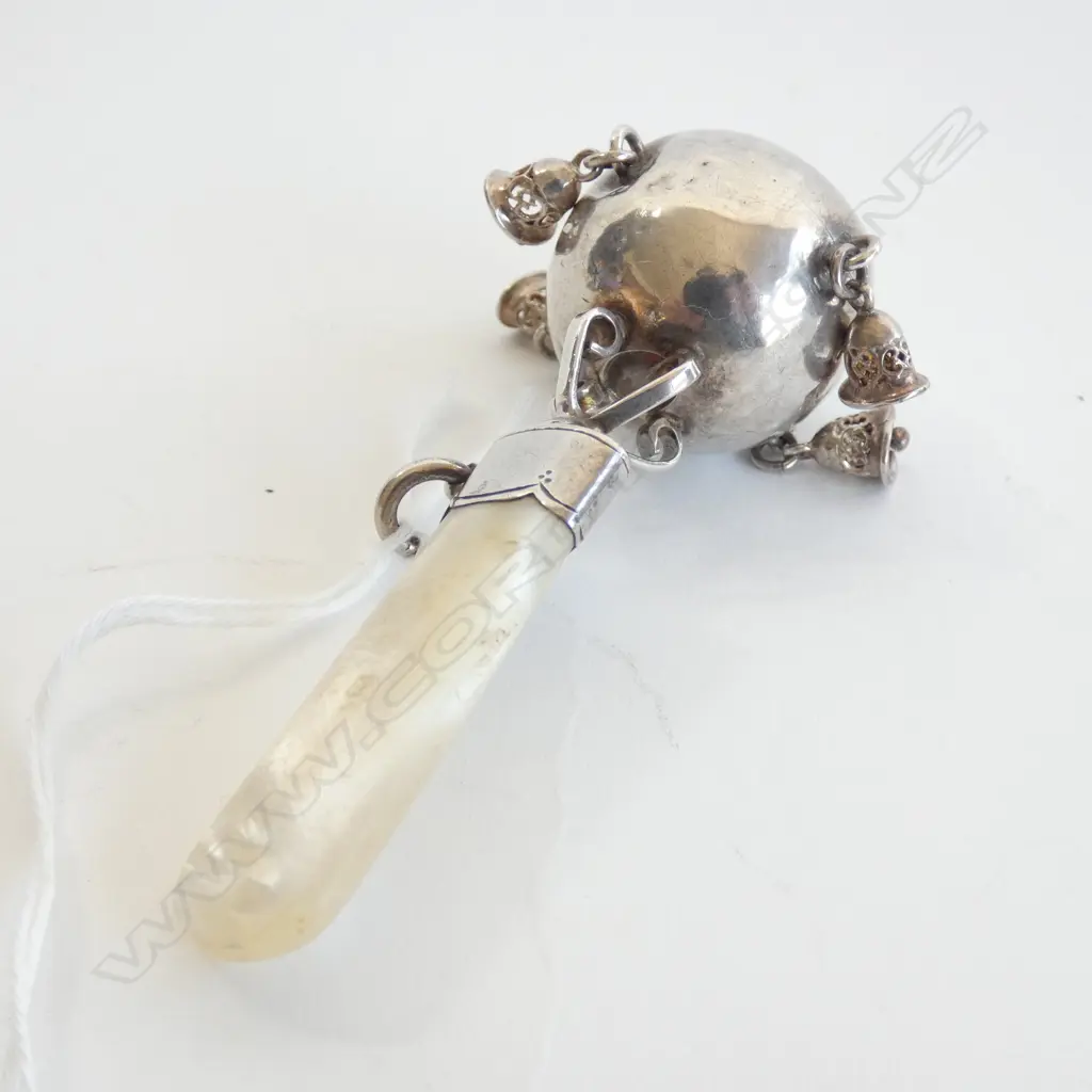 SILVER BABY RATTLE RUMBLE BELL 4 BELLS AND M.O.P. dents Image 1++