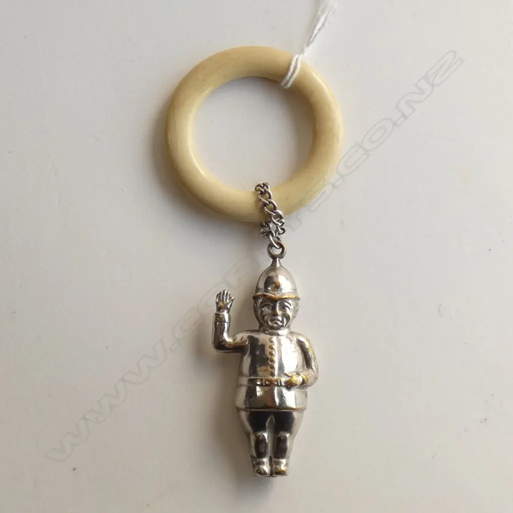 SILVER PLATE BABY RATTLE POLICEMAN WITH IVORINE RING Image 1++